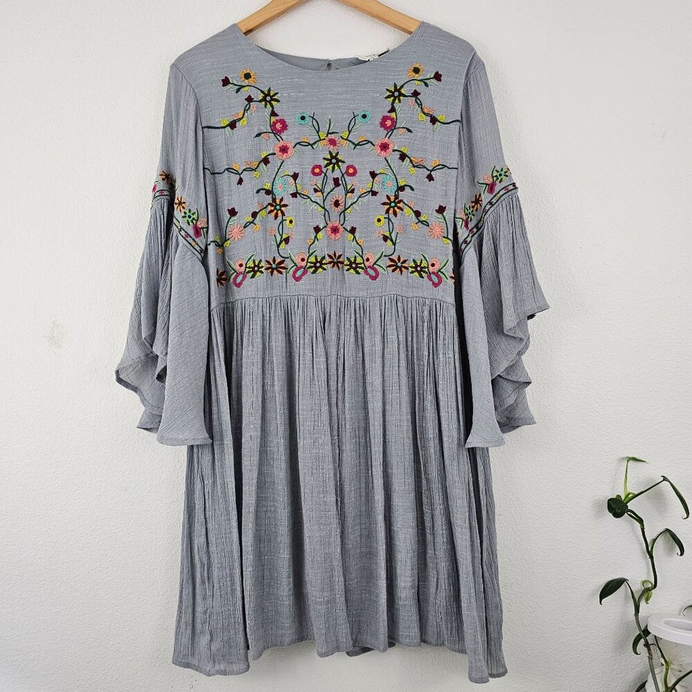 Umgee Womens Sz L Embroidered Bell Sleeve Keyhole Floral Dress Gauzy Lined Boho